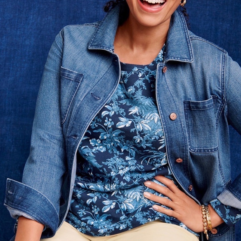 Talbots Sweatshirt Women 2X Blue Floral Botanical Toile Crew Neck Pullover Plus